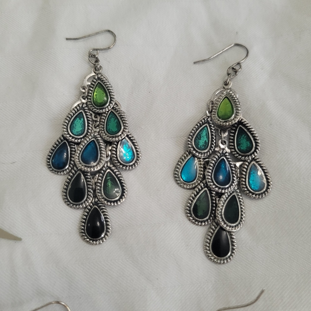 Lot of 5 Y2K Peacock Blue Turquoise Silver Toned Dangle Earrings Bundle - Picture 2 of 7